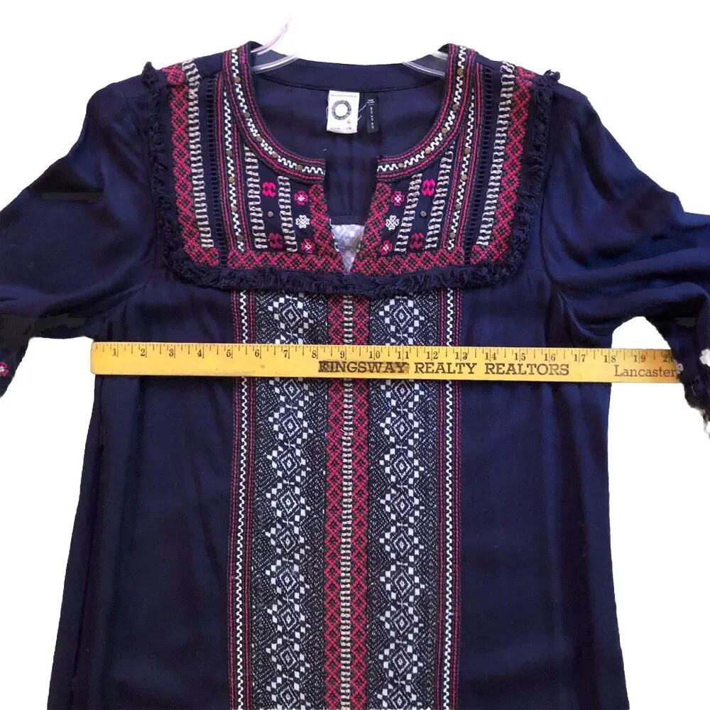 Anthropologie Akemi + Kin Tessa Dress Womens Sz 8 Navy Embroided Boho Festival
